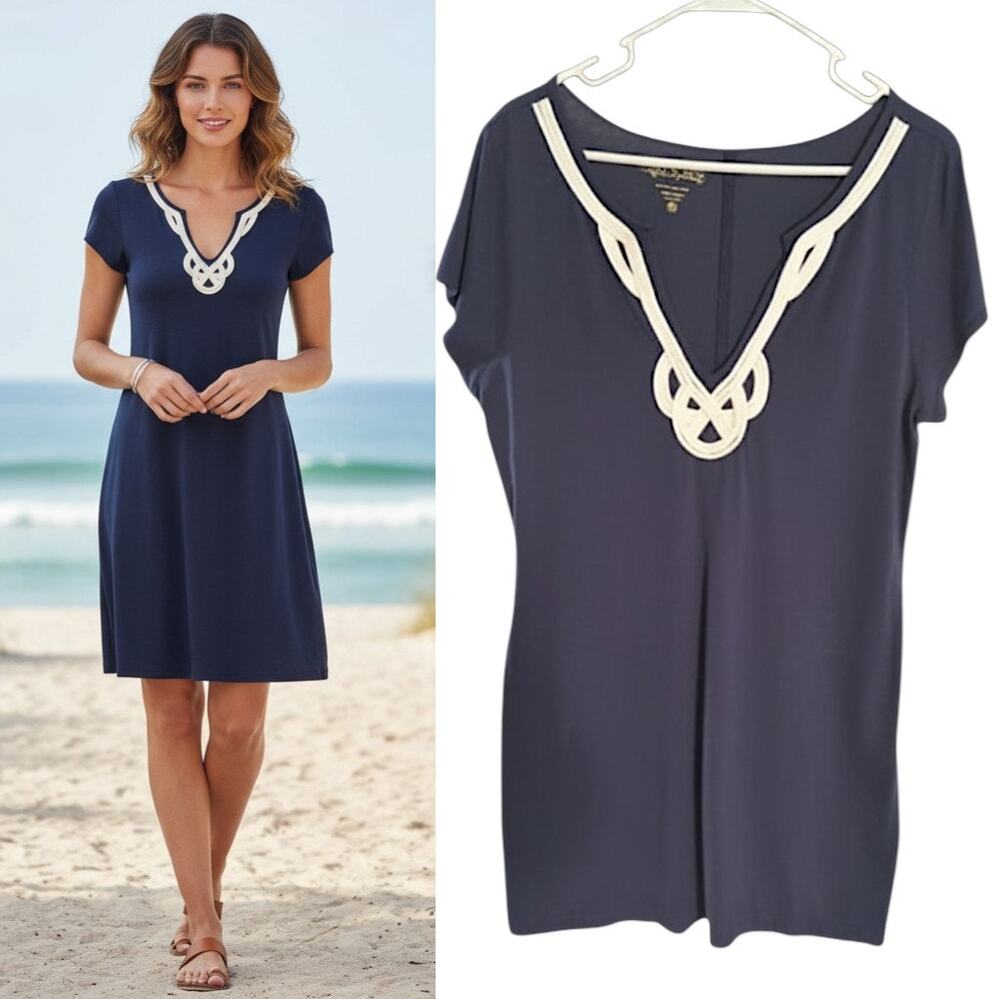 Lilly Pulitzer T-shirt dress women's XL navy blue white trim popover jersey knit